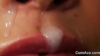 Horny beauty takes a sticky load on her face after sucking every last drop.