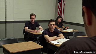 Police academy shemale student drills hard in intense anal session.