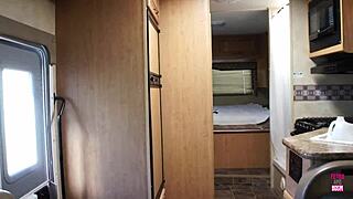 a brunette girl with big tits got her cunt drilled on the counter