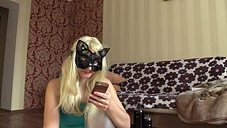 Blonde in shiny leggings chats with boyfriend on webcam, slowly undresses in homemade fetish video