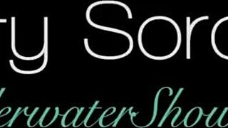 Katy's bushy pussy shines in red swimsuit underwater