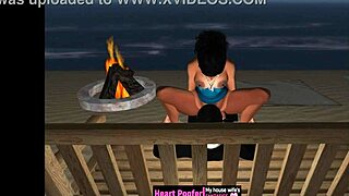 A cartoon encounter at the seaside cabins beach.