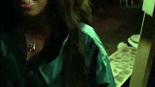 Ebony woman performs ball sucking and blowjob outdoors