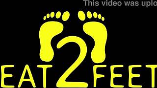 Teen brunette struts high heels and sucks toes at the park