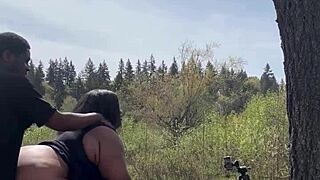 Sexy chubby remi enjoys big black cock on a giant rock.