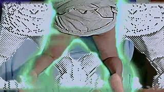 She performs a solo sexy dance, moving sensually to the rhythm.