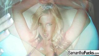 Samantha teases with big blonde tits in solo play