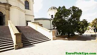 Damn, Euro slut in glasses takes a messy facial in public!