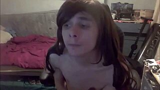 shemale teen 18+ dildoing mouth and stroking cock on webcam!