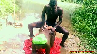 Girlfriend bent over for big cock orgasm in the local river with african doctor