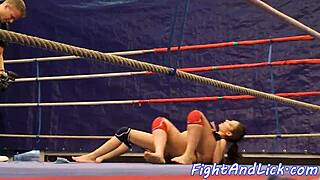 European babes with fake tits fight hard in wrestling match