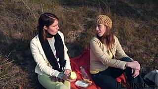 Feminge 4k - brunette lesbians are having sex outdoors