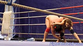 European babes with fake tits fight hard in wrestling match