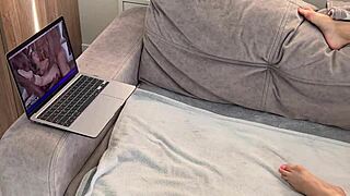 Lena Pauls masturbates her natural tits on the sofa with a smile 😊