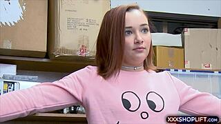 Cute Redhead Shoplifter Punished With Blowjob And Doggy Fucking In Shop