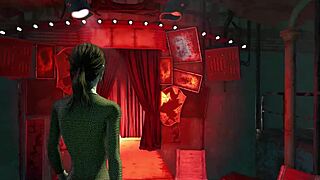 Fallout 4 fashion features pantyhose and body in outdoor public setting.