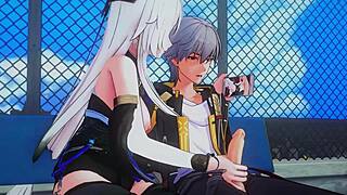 Jeg dominerer i cowgirl, rir hardt og squirter i anime hentai-scene med håndjob