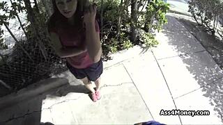 Broke teen sucks cock publicly