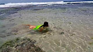 Passionate sex on paradise beach. With small waist and natural tits