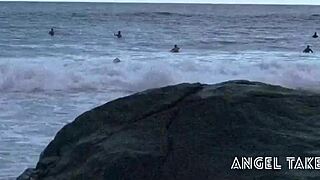 Angel Takemura goes topless for surfers at Grumari beach