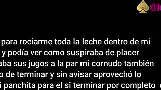 A middle aged man with a beard has sex with me in front of my husband who is a cuckold.