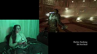 Naked brunette plays Deadspace, showcasing her big natural tits in part eight.
