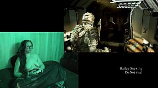 Naked brunette plays Deadspace, showcasing her big natural tits in part eight.