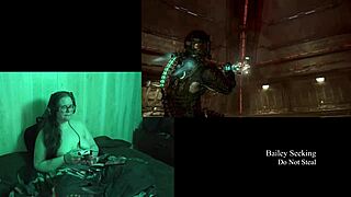 Naked brunette plays Deadspace, showcasing her big natural tits in part eight.