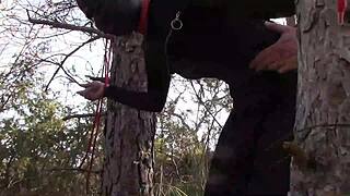 hey, tied to a tree in pantyhose and heels for rough outdoor banging!