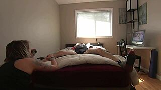 MILF teases bound boyfriend's sensitive feet and cock