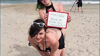 Lovely ladies pose in bikinis during beach photoshoot