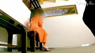 spying on big boobs woman with hard cock in restroom