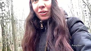Peeing on her panties in the woods, hoping no one sees! 😅