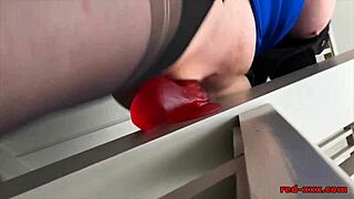 Busty mature Red XXX rides dildo on stairs 😍