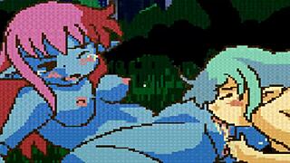 look at these fairies fighting while fingering and licking each other's pussies in this hentai scene