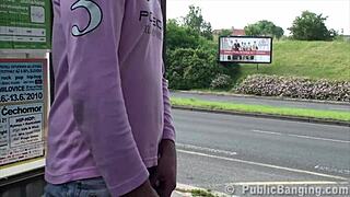 Extreme public threesome at bus stop with hot petite girl!