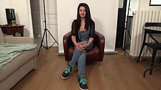 Interview with french brunette actress before scene 😊