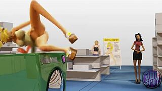 i'm watching two busty lesbians use double dildo in public store