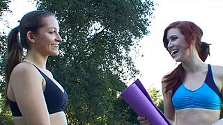 Cute lesbians kiss and dive into wet pussies during yoga.