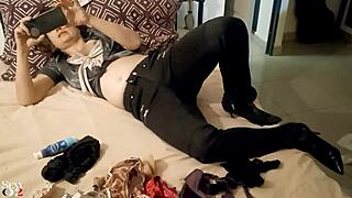 French amateur deep throats in black leather pants POV