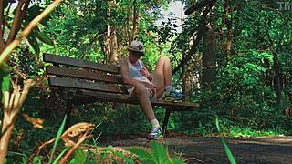 Blonde couple gets wild with forest orgasm fun.