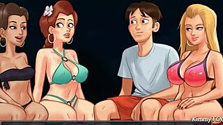 Summertime Saga features reverse gangbang on the beach. young group engages in outdoor sex with kissing and touching