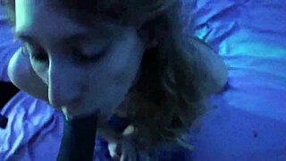 Skinny brunette enjoys big black cock and swallows