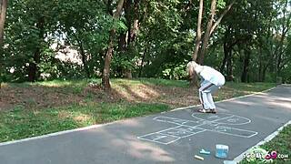 Young 18 year old German student persuaded for blowjob for pocket money on playground