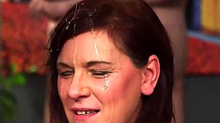 unusual centerfold takes a cum shot on her face, swallowing every drop.