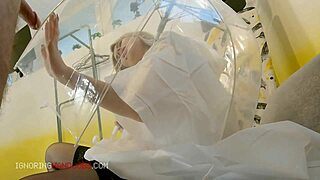 Blonde Femdom in See-Through Raincoat Ruins Orgasm