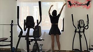 teen 18+ slut bends over to masturbate with dildo in gym