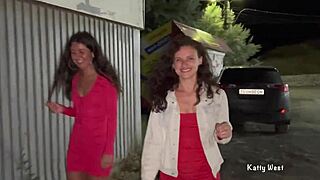 Two teen girls are squirting wet near the car in public 😏