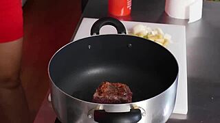 I'm always horny in the kitchen, showing off my big tits – what would you do?