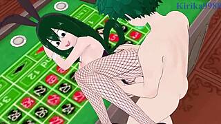 nejire hado and tsuyu asui with izuku midoriya in bunny girl intense sex from my hero academia hentai